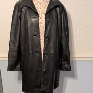 Gallery Black Leather Midi Coat medium/large, Classic Vintage!